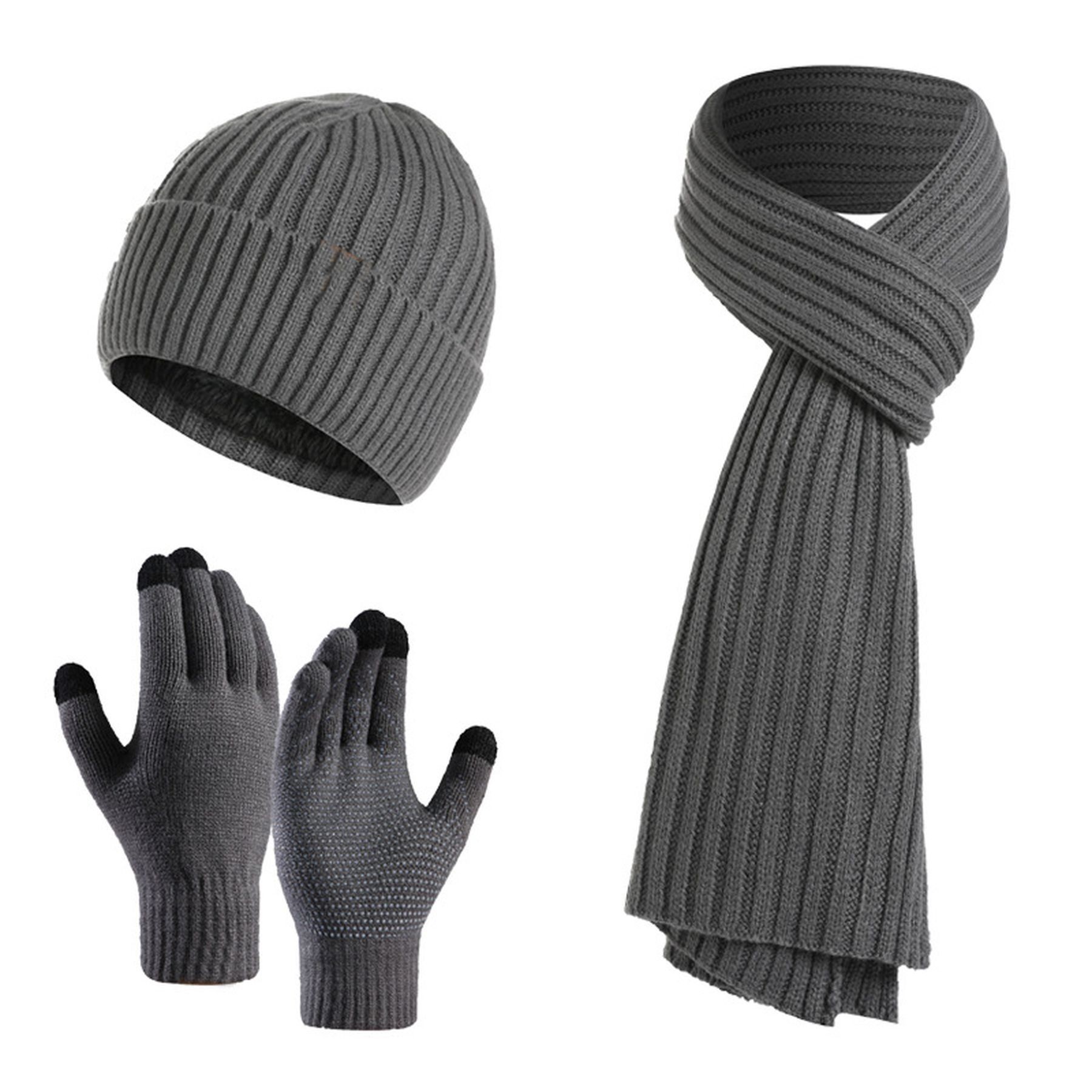 Winter Beanie Hat Warmer Long Scarf Touchscreen Gloves Set 17