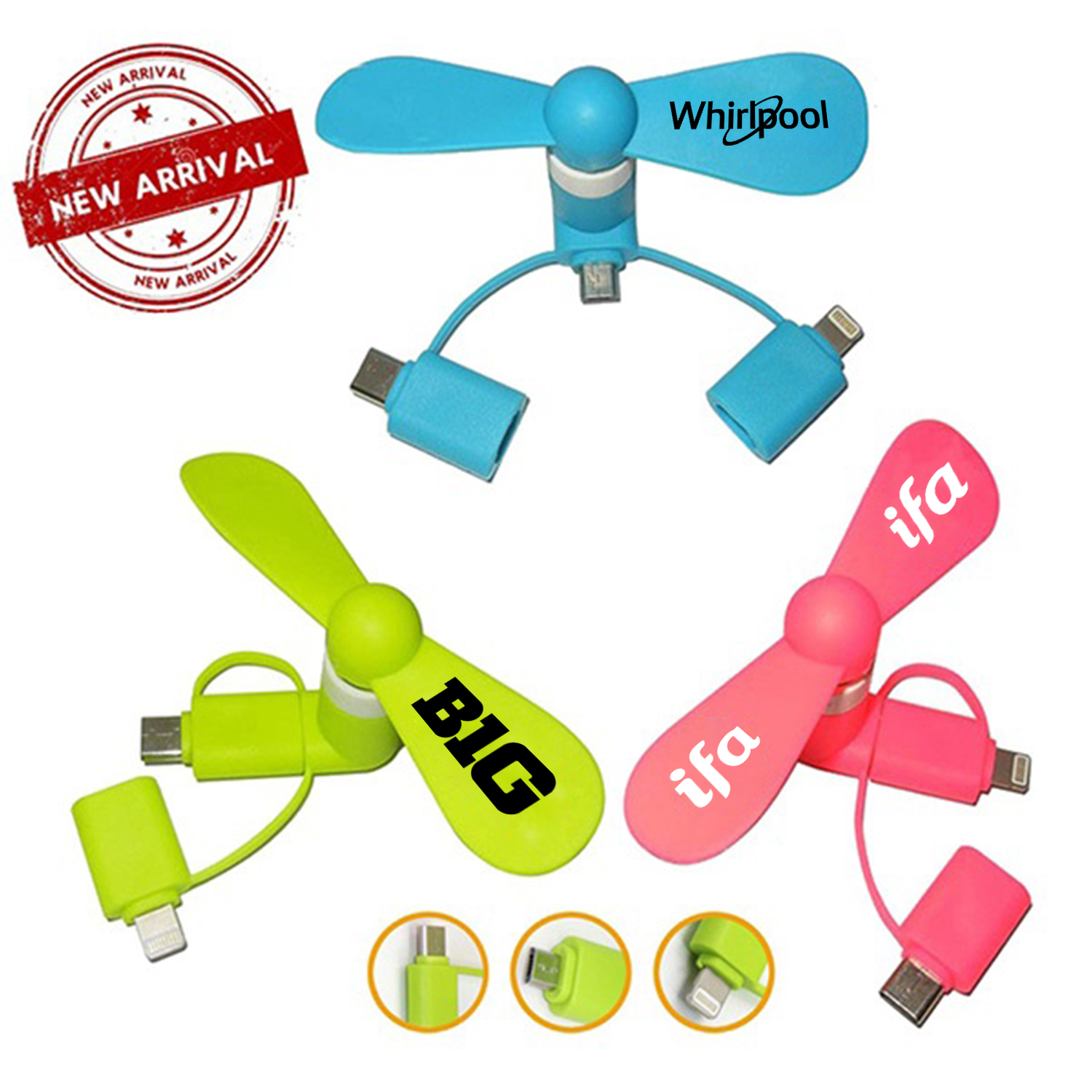 USB Mini fan with 3 in one connector with USB Type C 3