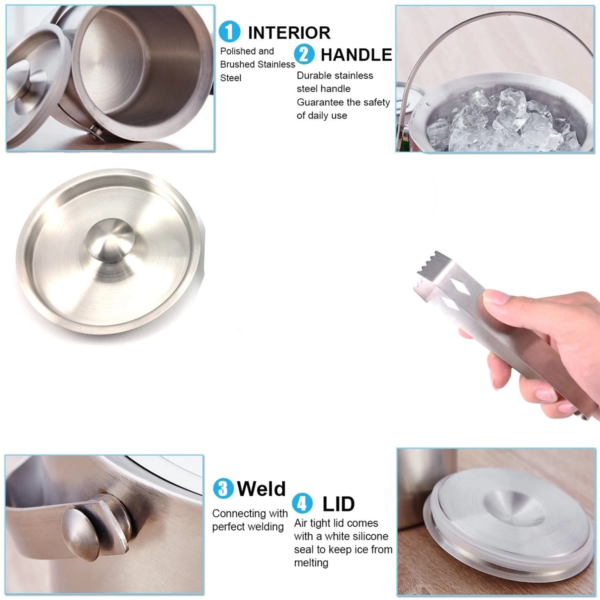 3L Double-wall Ice Bucket with Lid and Tong 4