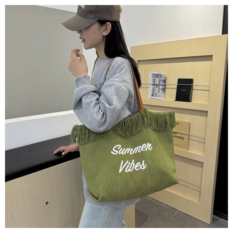 Women Large Beach Canvas Tote Bag Summer Vibes Tassel 17