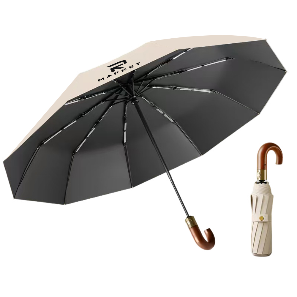 Ergonomic Solid Wood Handle Auto-Folding Umbrella 4