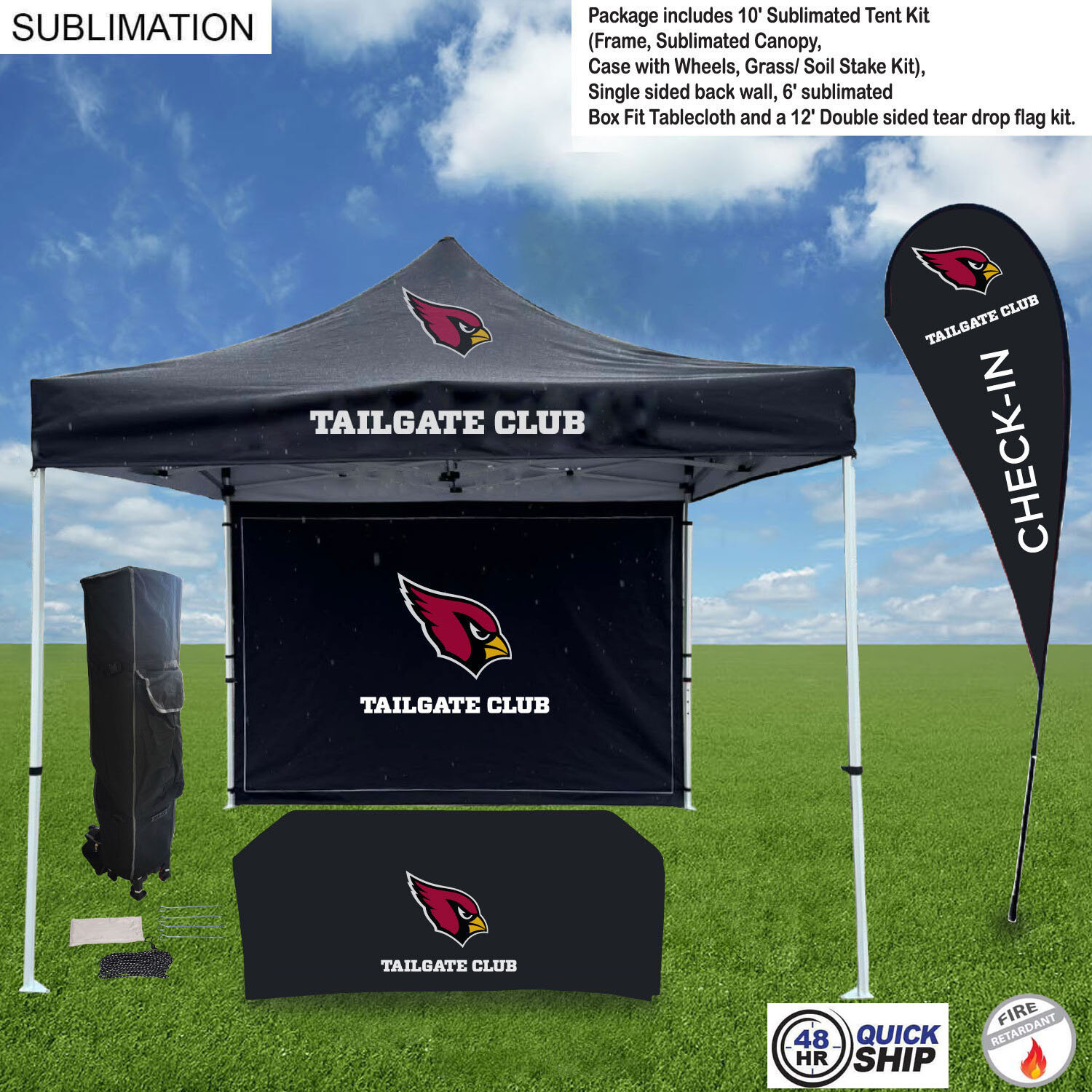 48Hr Quick Ship - Game Day Tailgate Package, 10' Tent kit, Backwall,Tablecloth, double sided Flag 16
