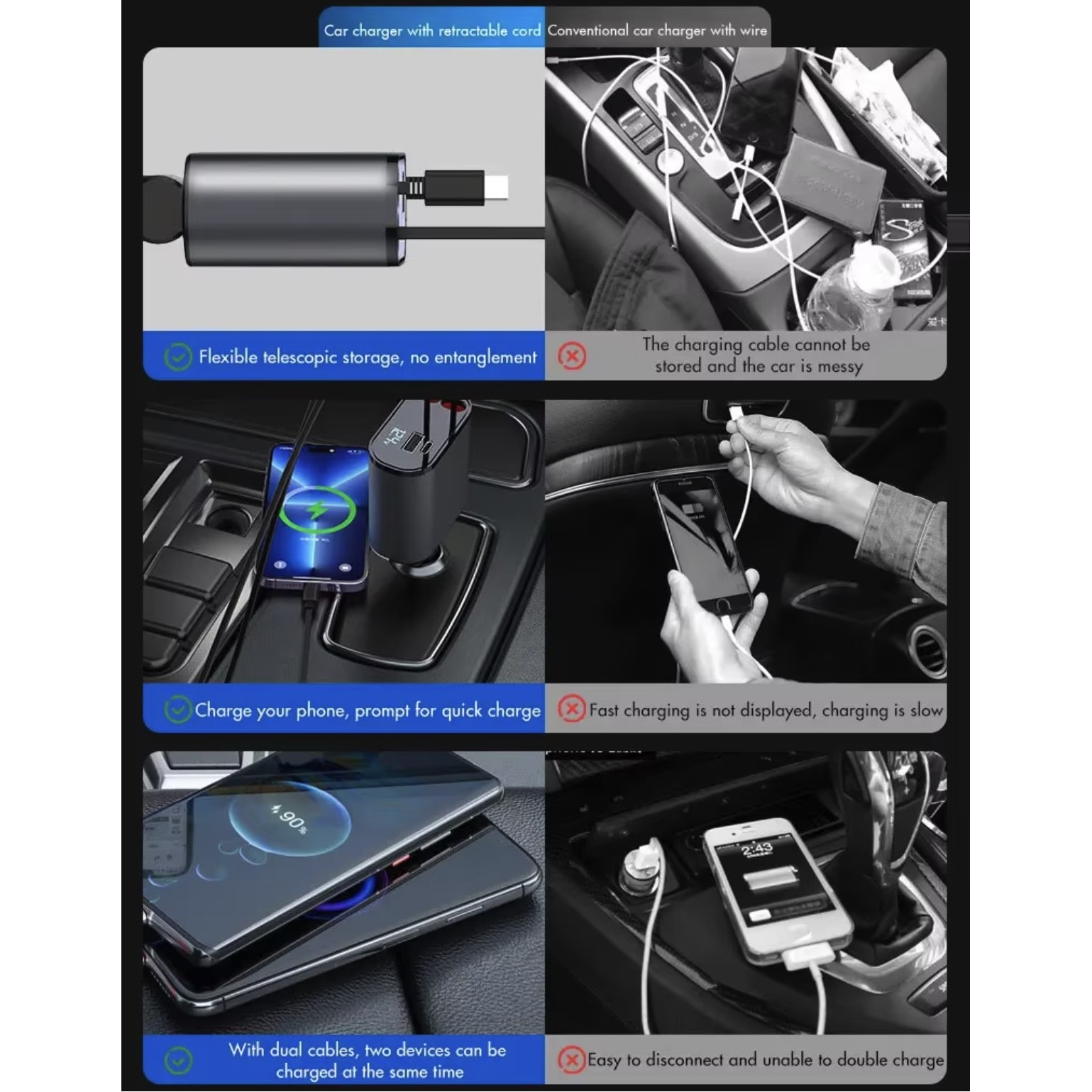 Autolader Retractable Cables Mobil 4 in 1 Car Charger 4