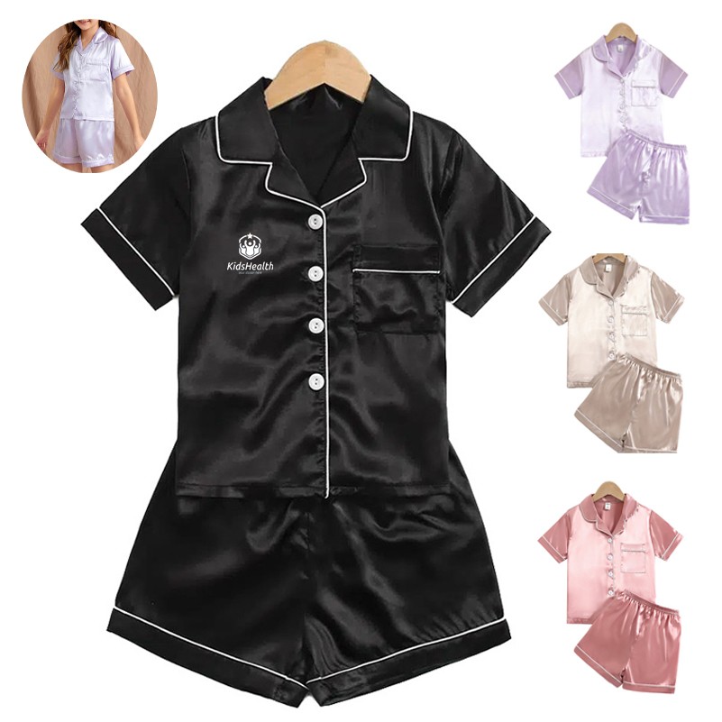 Kid's Short Sleeve Sleepwear Button Down Satin 2 Piece Pajama Set 2