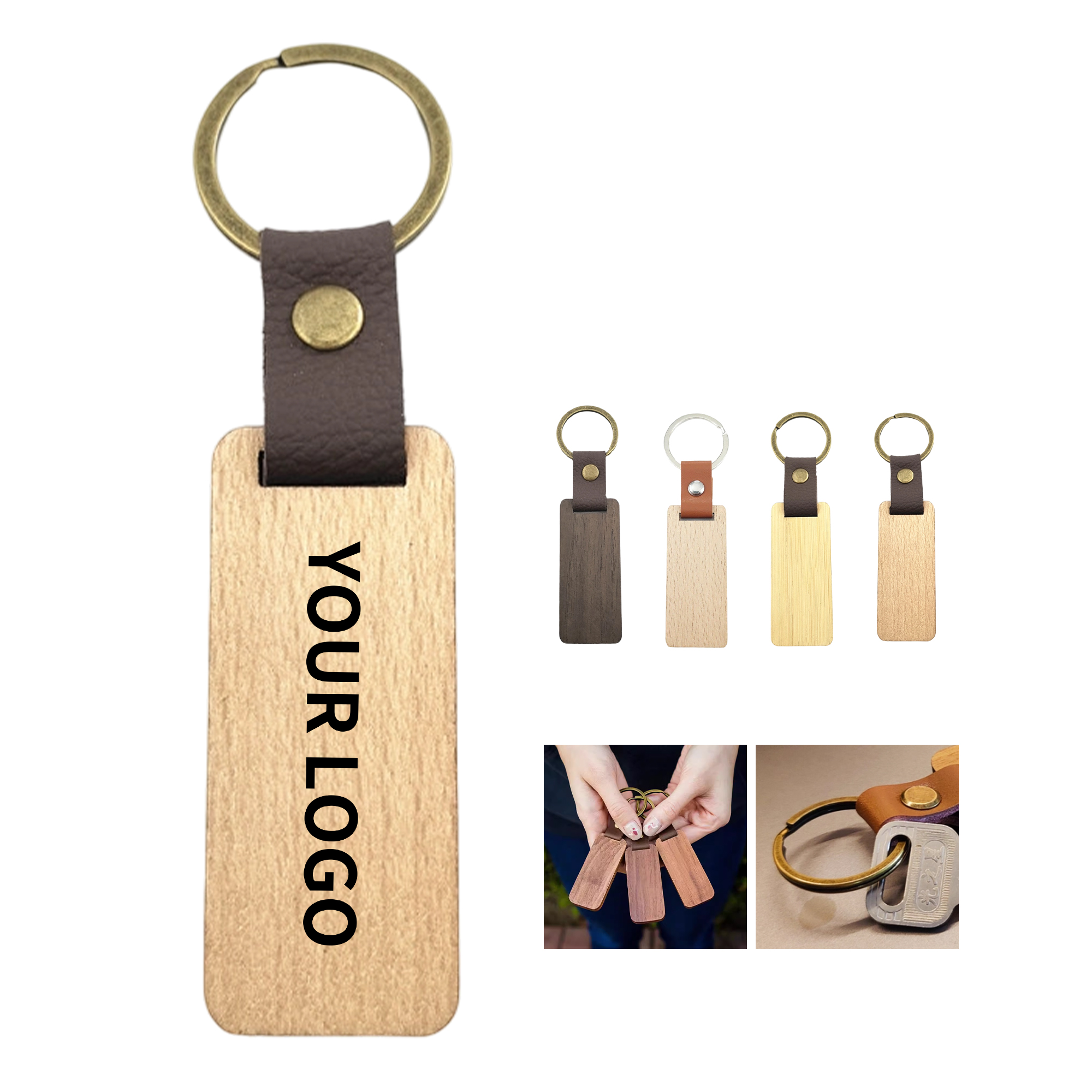 Leather Strap Wood Accent Key Ring Walnut Beech Or Bamboo 4.5" By 1.1" 1