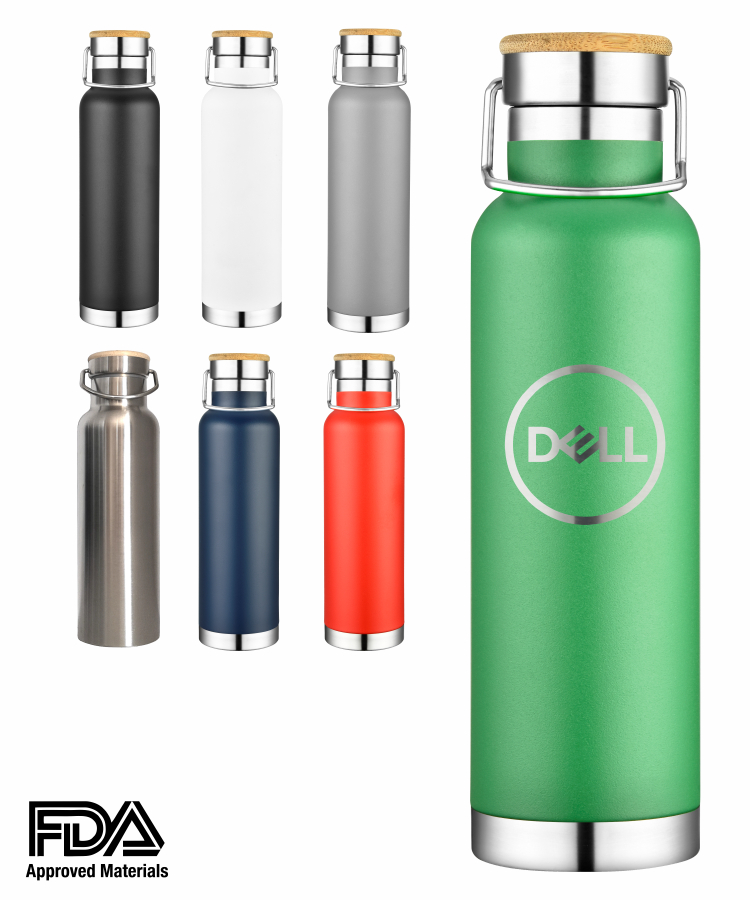 22oz Double Wall Stainless Steel Vacuum Insulated w/ Bamboo, custom water bottle with logo imprint 2