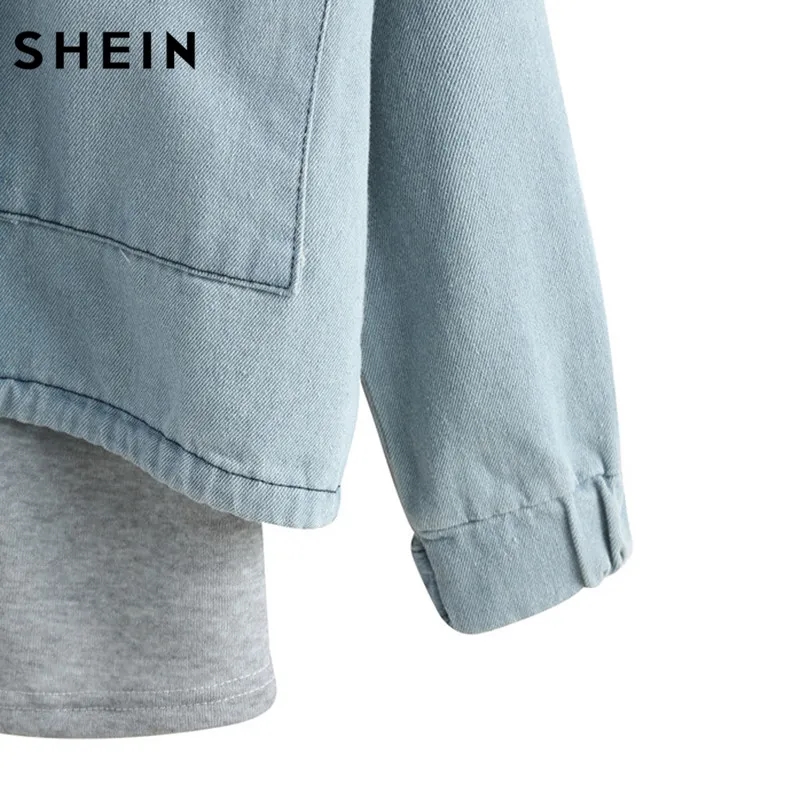 Blue Hooded Denim Two Piece Coat with Drawstring and Pockets 6