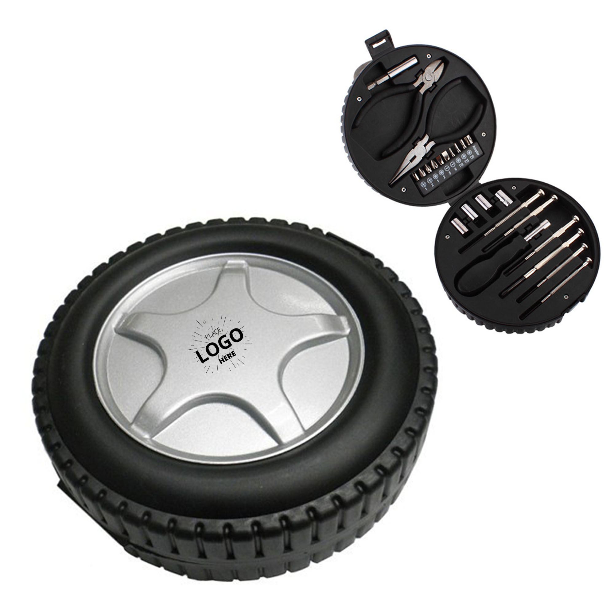 Custom 24-piece tool set in tire shaped case 1