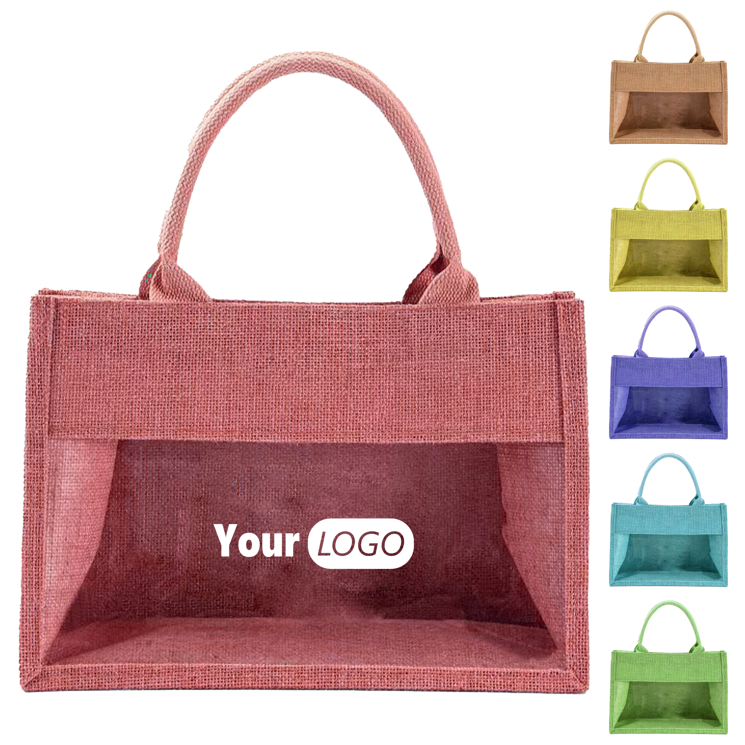 Jute Eco-Friendly Tote With Clear Panel, custom tote bag with logo imprint 3
