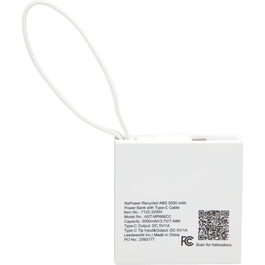 Recycled ABS 2000 mAh Power Bank with Type-C Cable 52