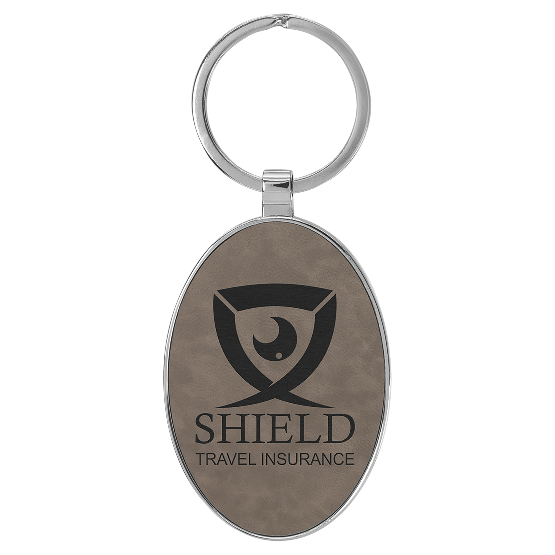 3" x 1 3/4" Leatherette/Metal Gray Oval Keychain 1
