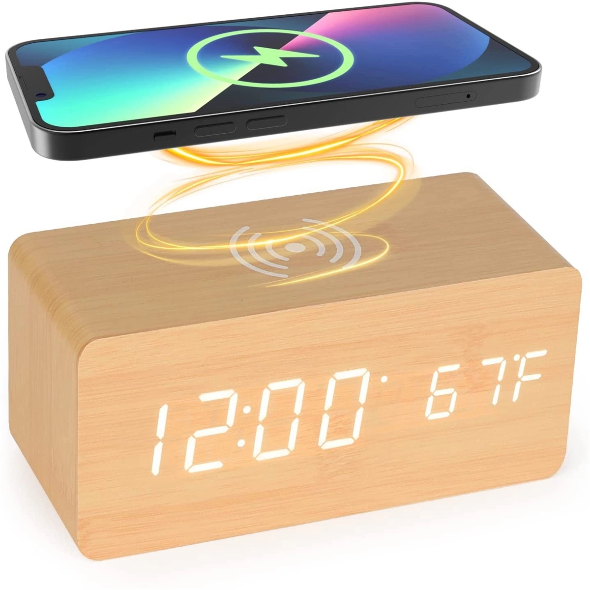 Digital Wooden Alarm Clock with Wireless Charging 2