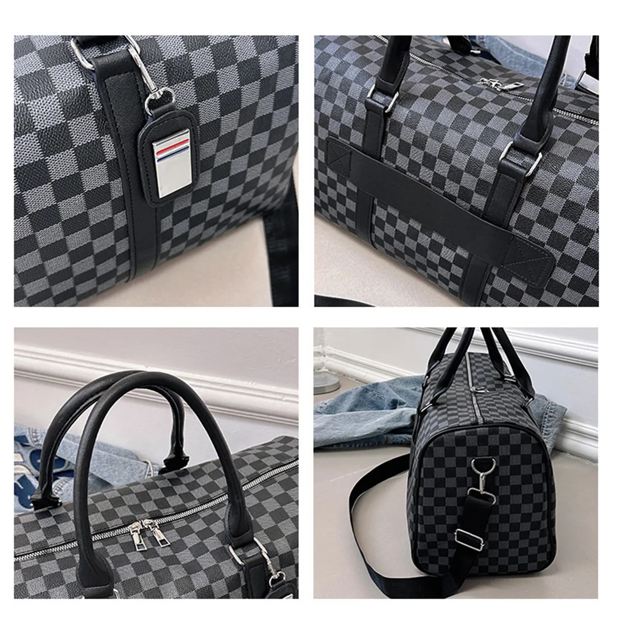 PU Leather Plaid Travel Duffel Bag 5