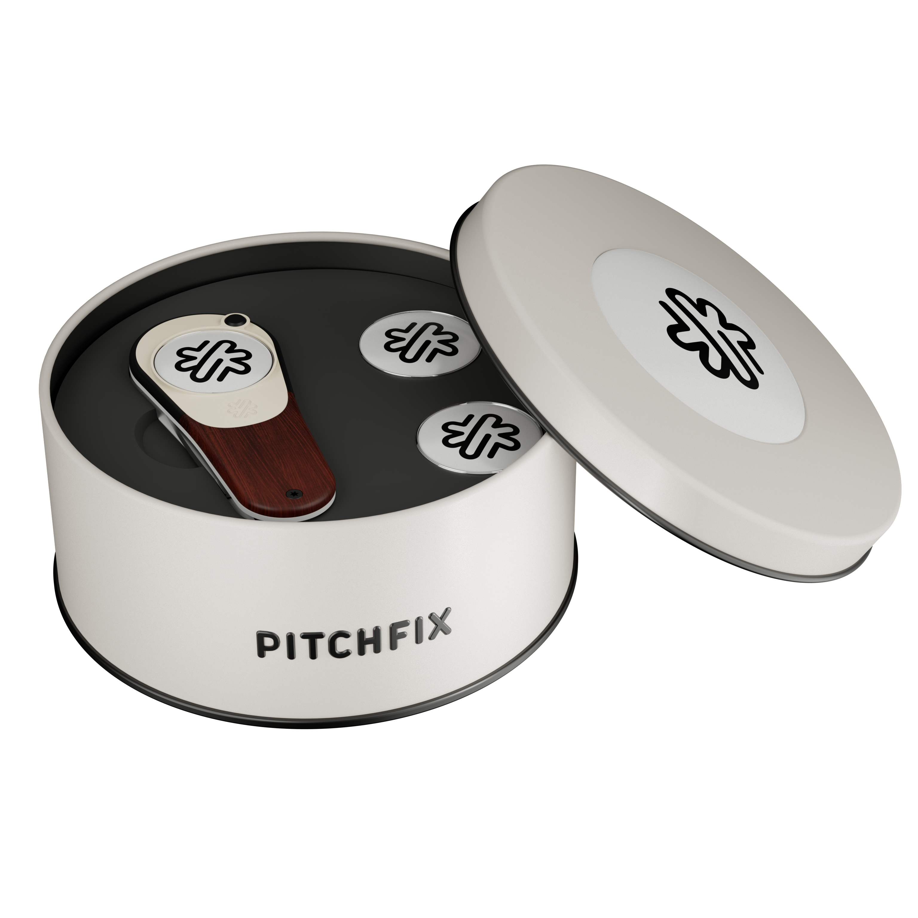 Pitchfix Woodie Golf Divot Tool in Round Tin with Two Extra Ball Markers 4