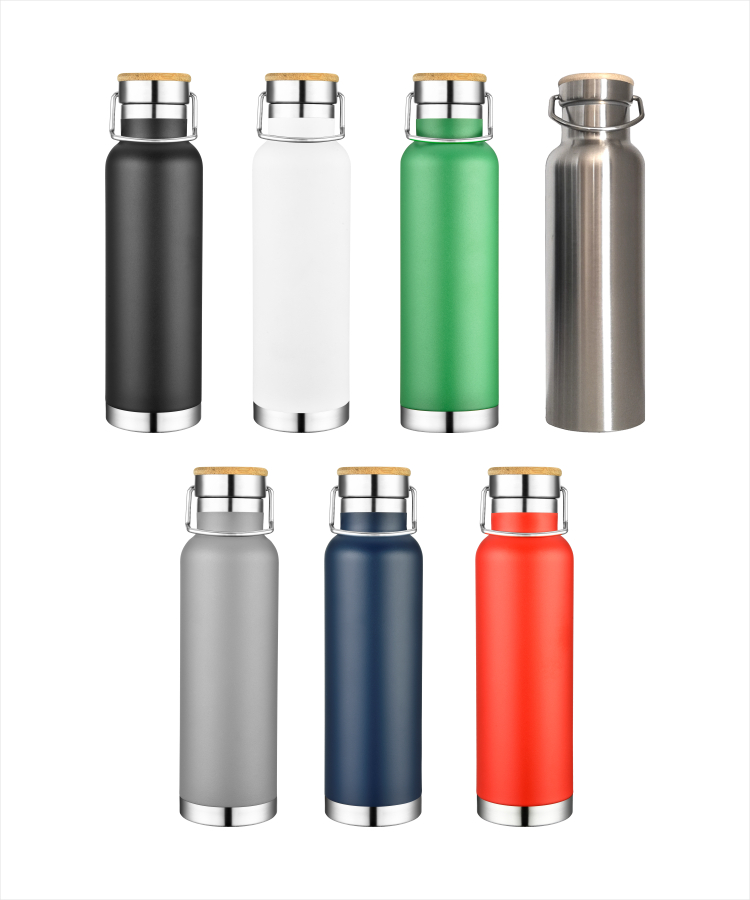 22 Oz. Powder Coated Double Wall Stainless Steel Vacuum Insulated Travel Bottle w/Bamboo Lid, custom water bottle with logo imprint 4