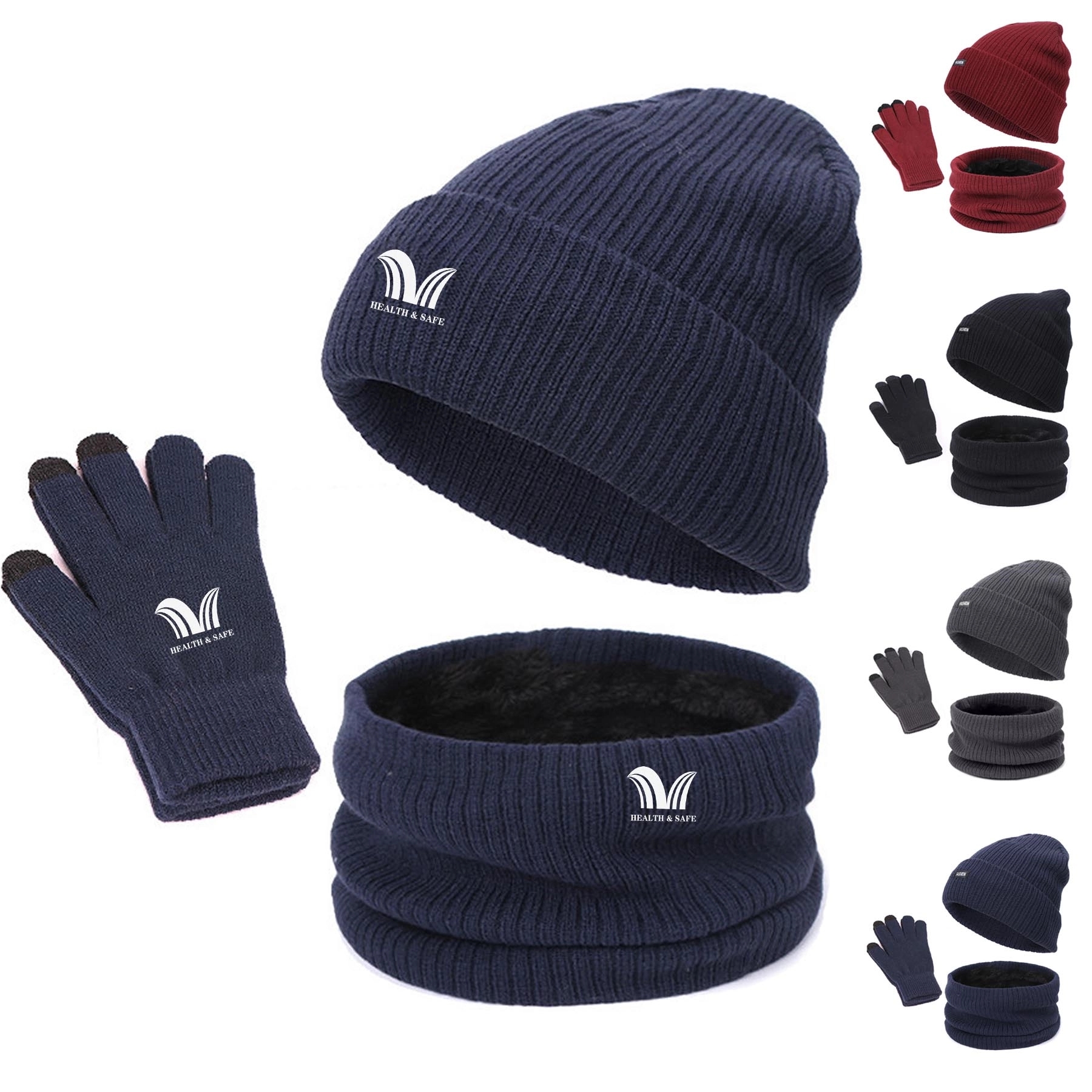Knit Beanie Hat Neck Warmer Gloves Set 2