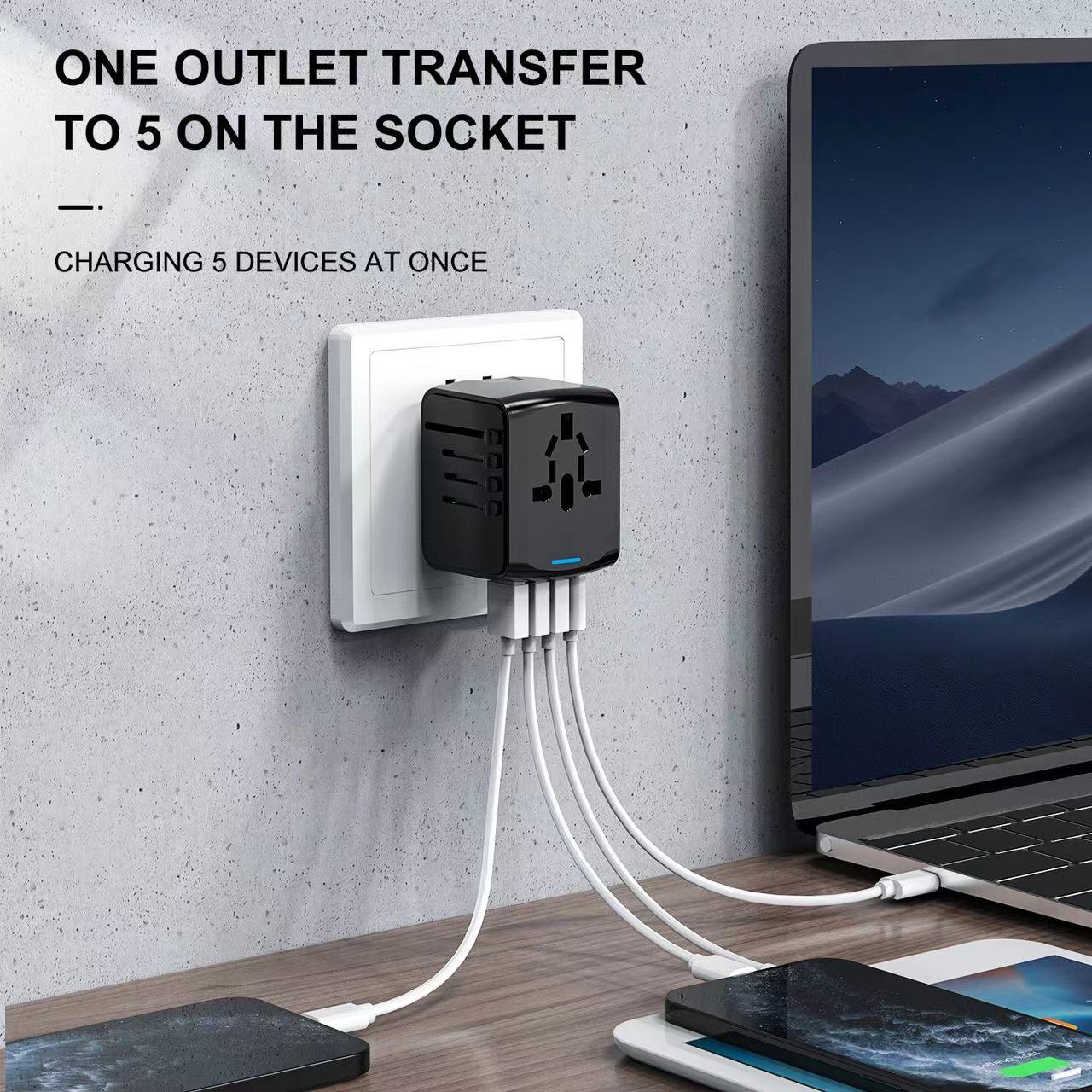 Plastic Universal Travel Adapter With Usb/Type-C 5