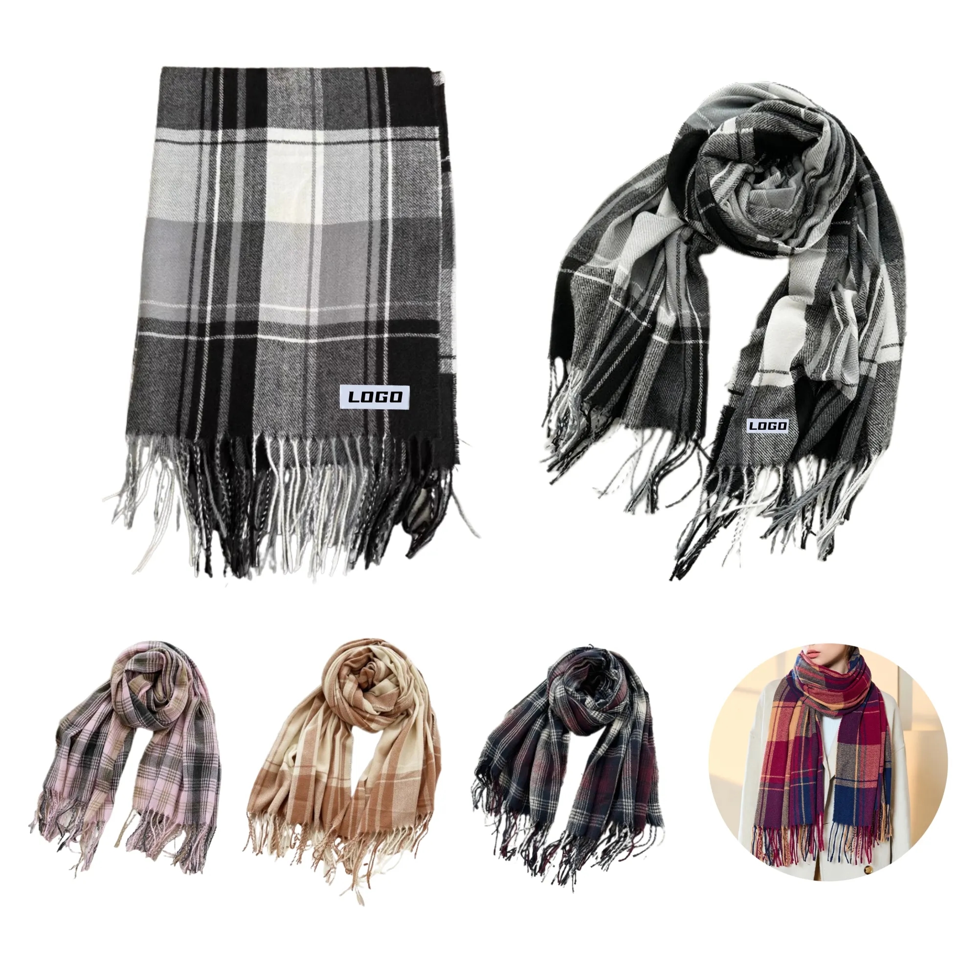 Classic Winter Plaid Scarf Warm Shawl With Fringes