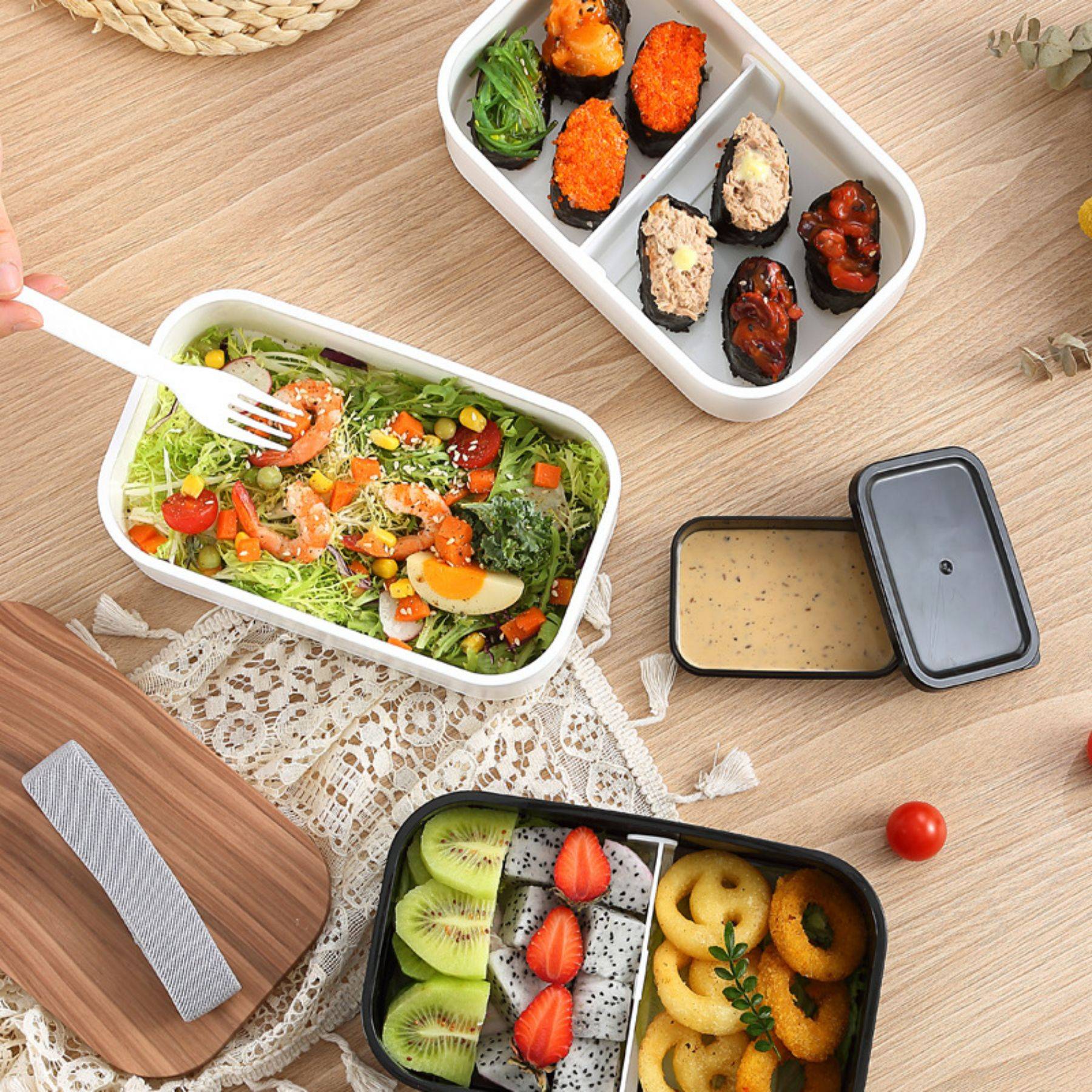 Wooden grain double layer plastic bento lunch box 4