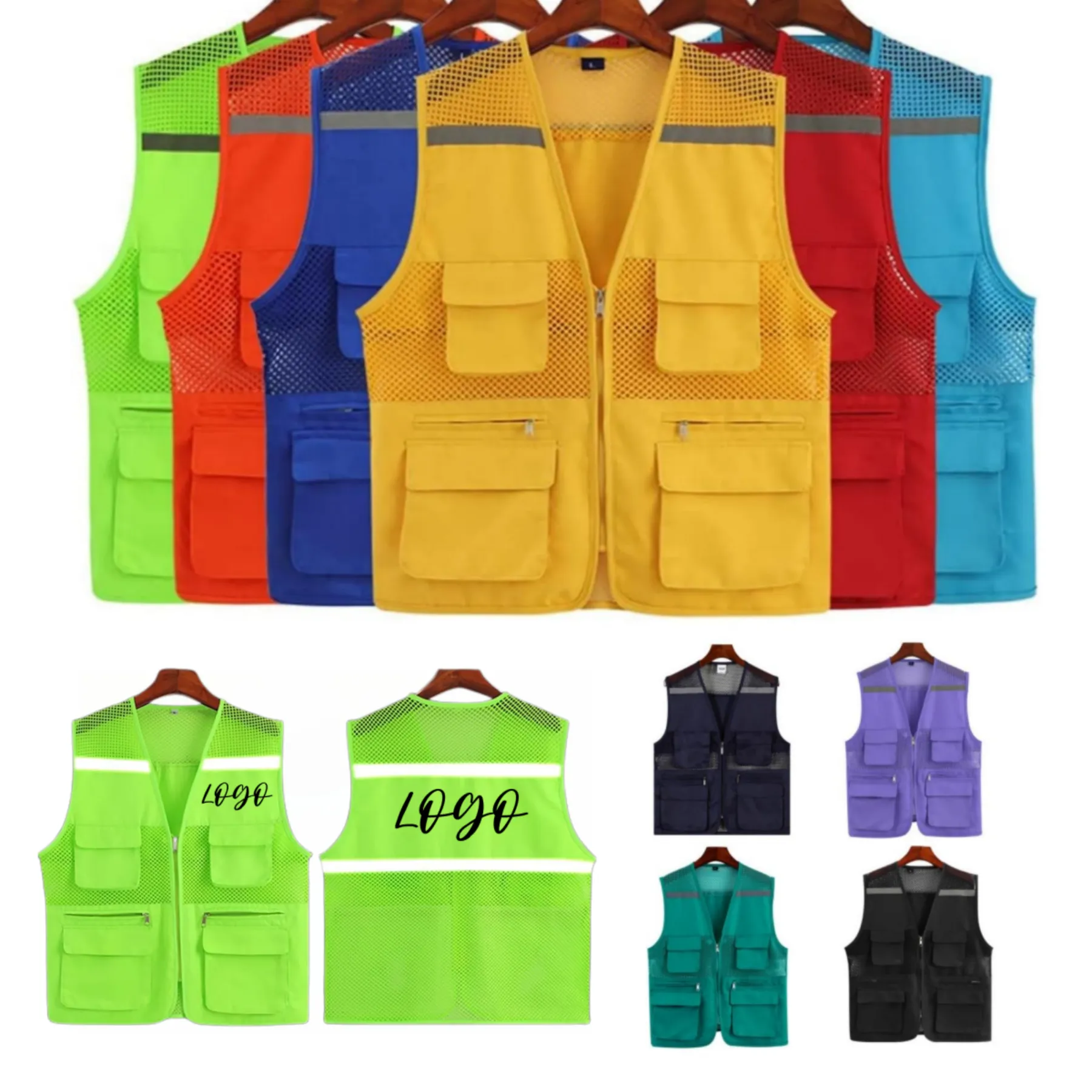 Reflective Safety Vest with Pockets and Zipper