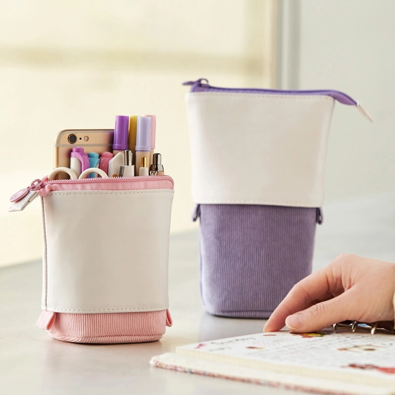 PU & Corduroy Stand-up Retractable Pen Pencil Organizer Bag 6