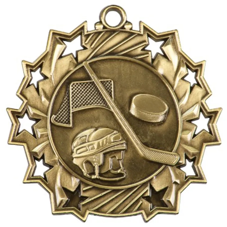 2 1/4" Ten Star Antique Finish Medal-Hockey 2
