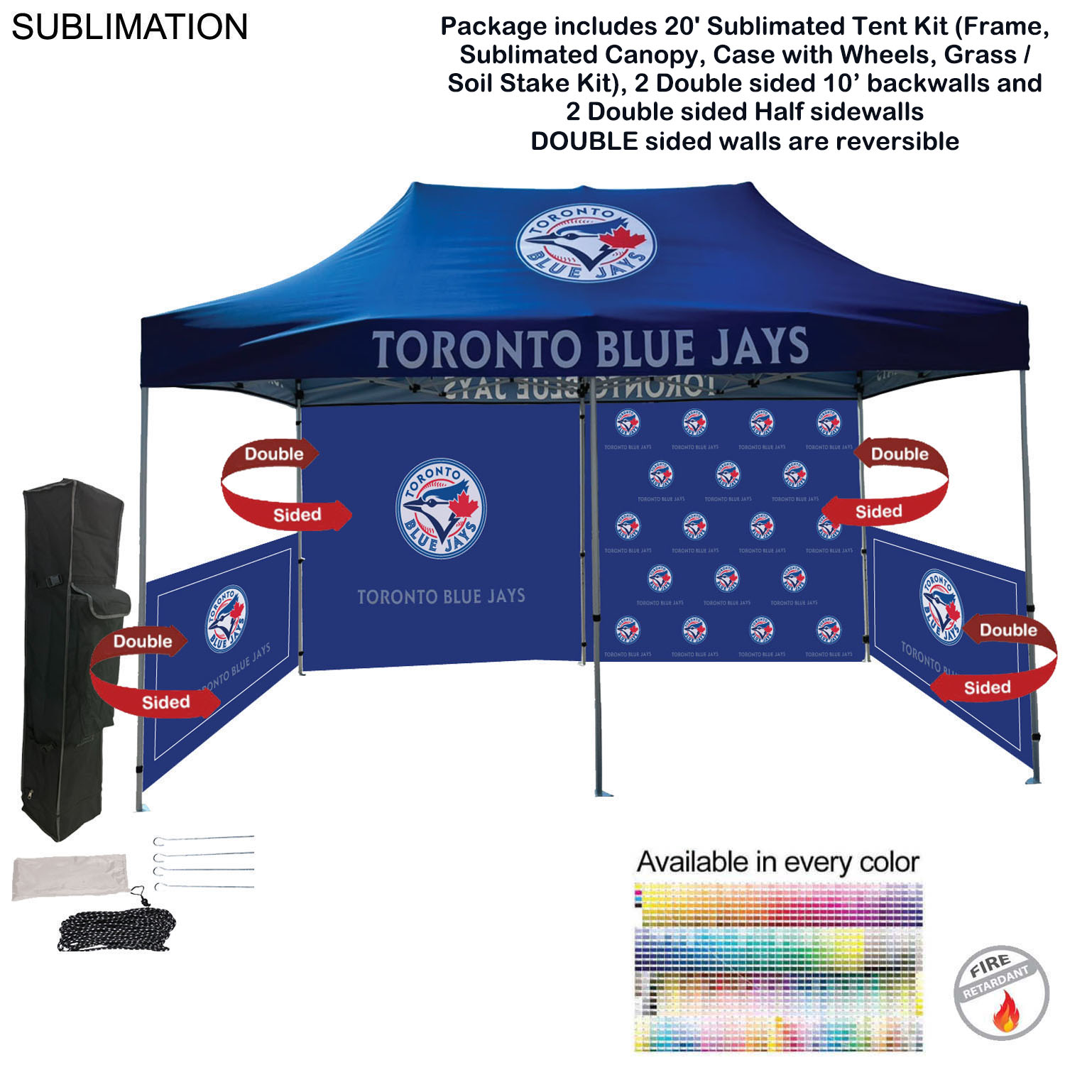 48Hr Quick Ship - 20' Sublimated Tent, 2 DOUBLE sided 10' backwalls, 2 DOUBLE side half sidewalls 7