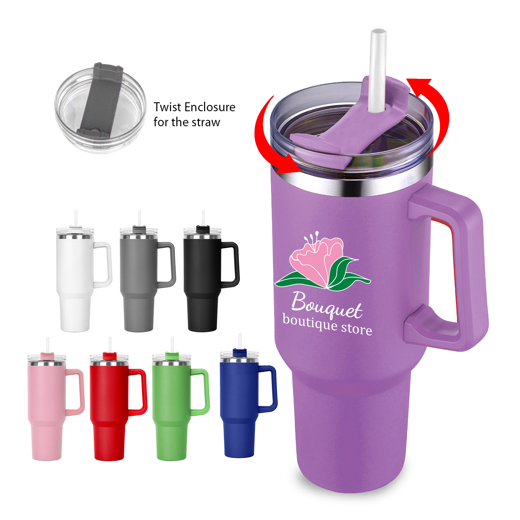 40 OZ. S/S Travel Handle Mug w/ Twist Closure Straw Lid 9