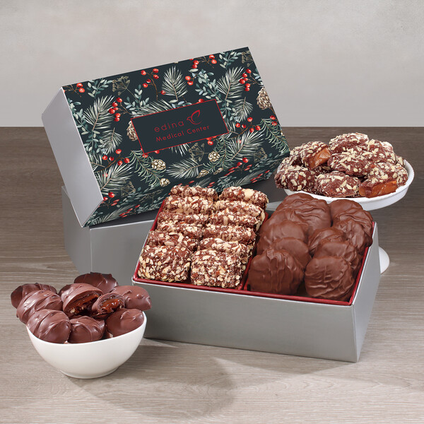 Toffee & Pecan Clusters in Gift Box with Pine Boughs & Berries Sleeve