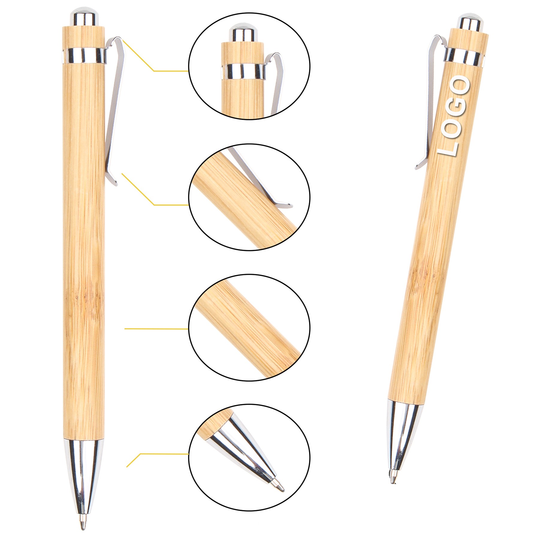 Ballpoint Pen With Metal Hook Made Of Bamboo And Wood