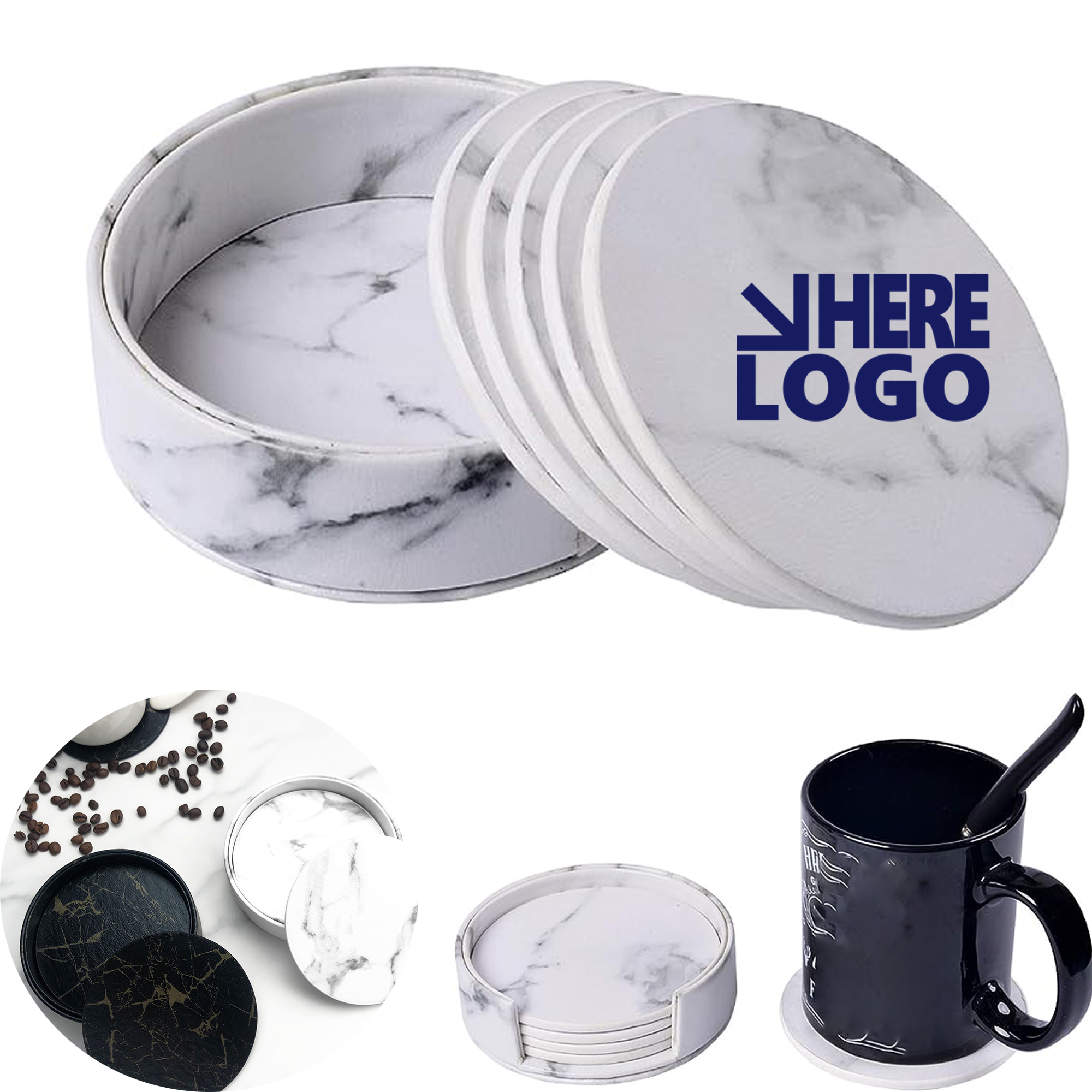5 PCS Premium PU Leather Coaster Marble White Pattern 1