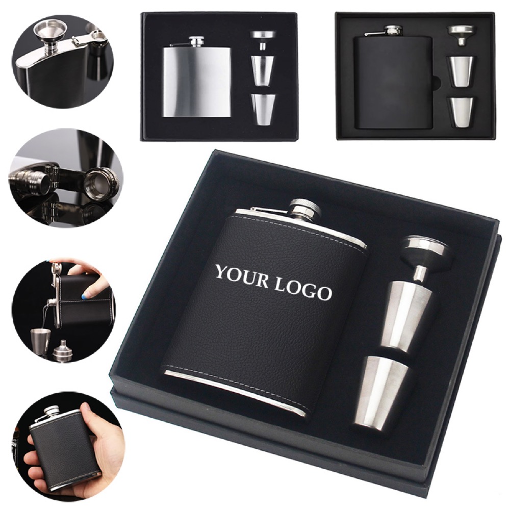 Hip Flasks for Men 8oz Leather Flask Gift Set, custom water bottle with logo imprint 6