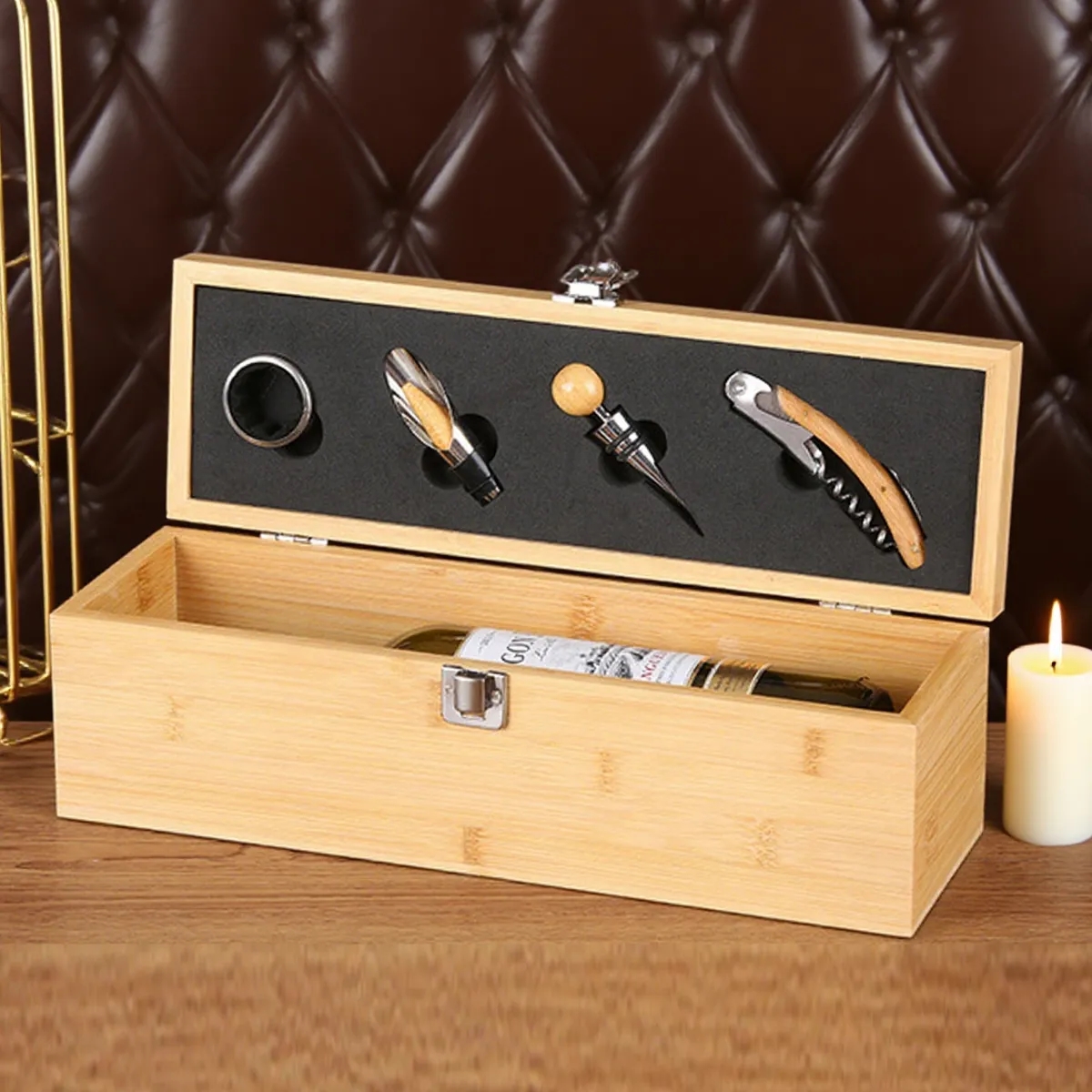 Wooden Box Wine Accessory Gift Set 5
