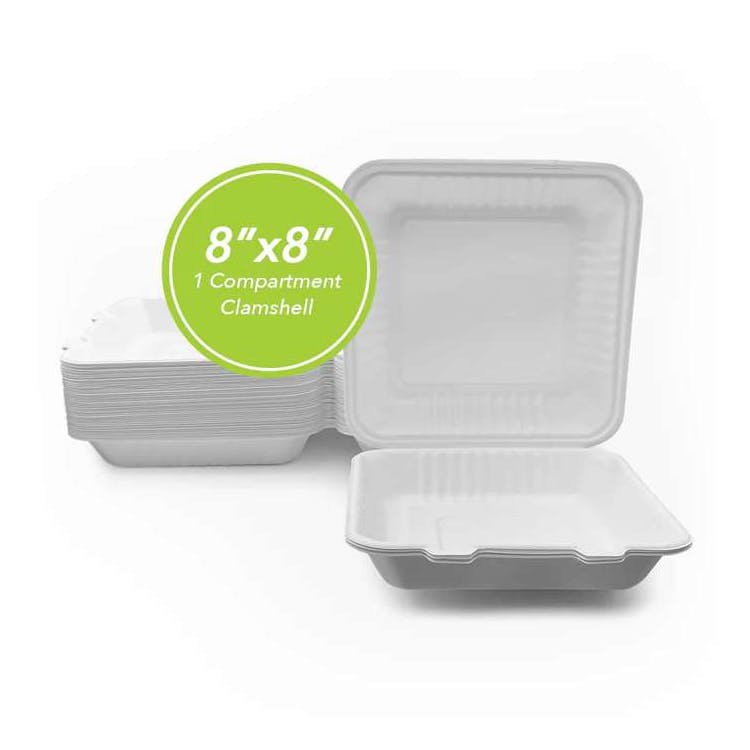 Three Leaf 8"x8" 1 Compartment Bagasse Clamshell 50 Pack 2