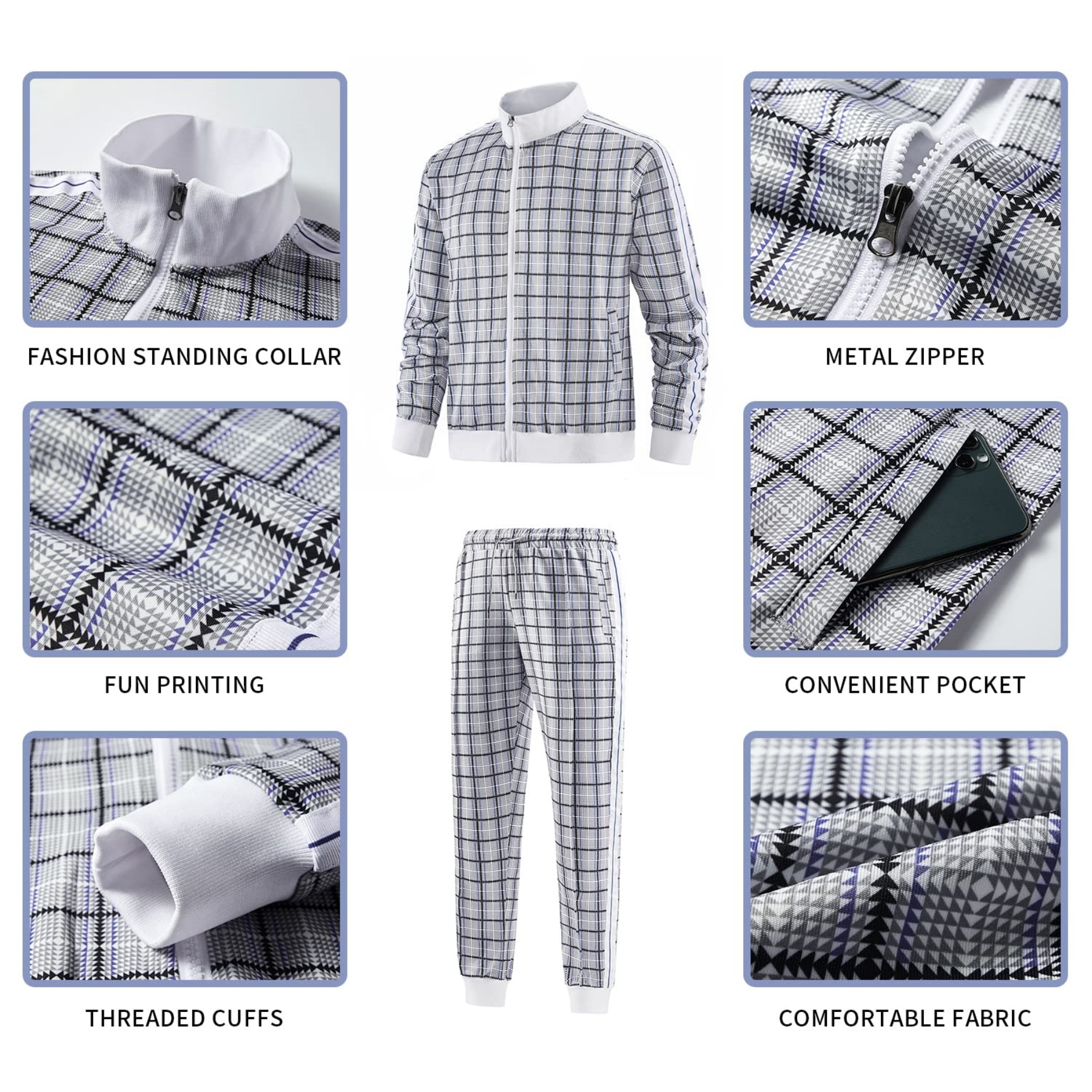 Mens Plaid Track Suits Anti Pilling Sports Wear Jacket Pants Custom 4