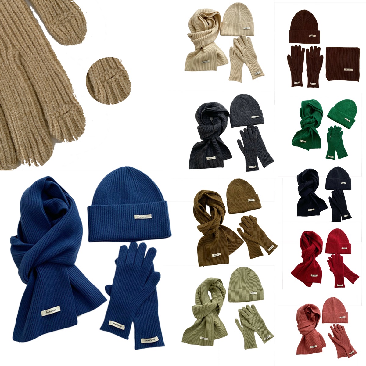 3Pcs Knitted Cuffed Hat Loop Scarf Touch Screen Gloves Set 3