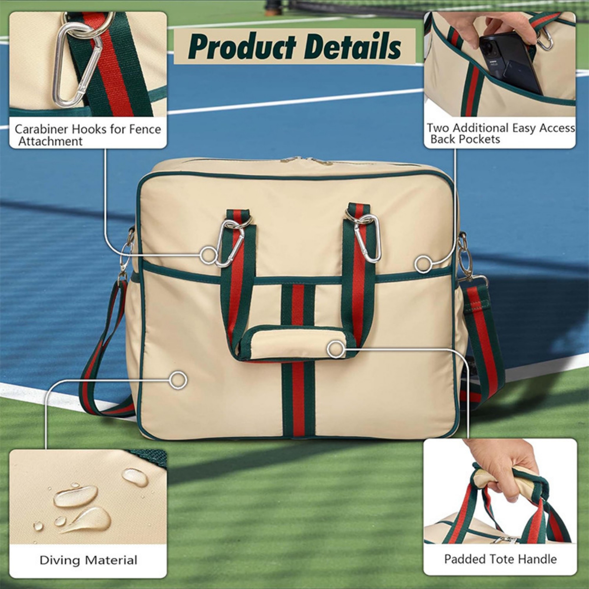 Pickleball Bag Tote With Front Pocket Fits 2 Paddles 6