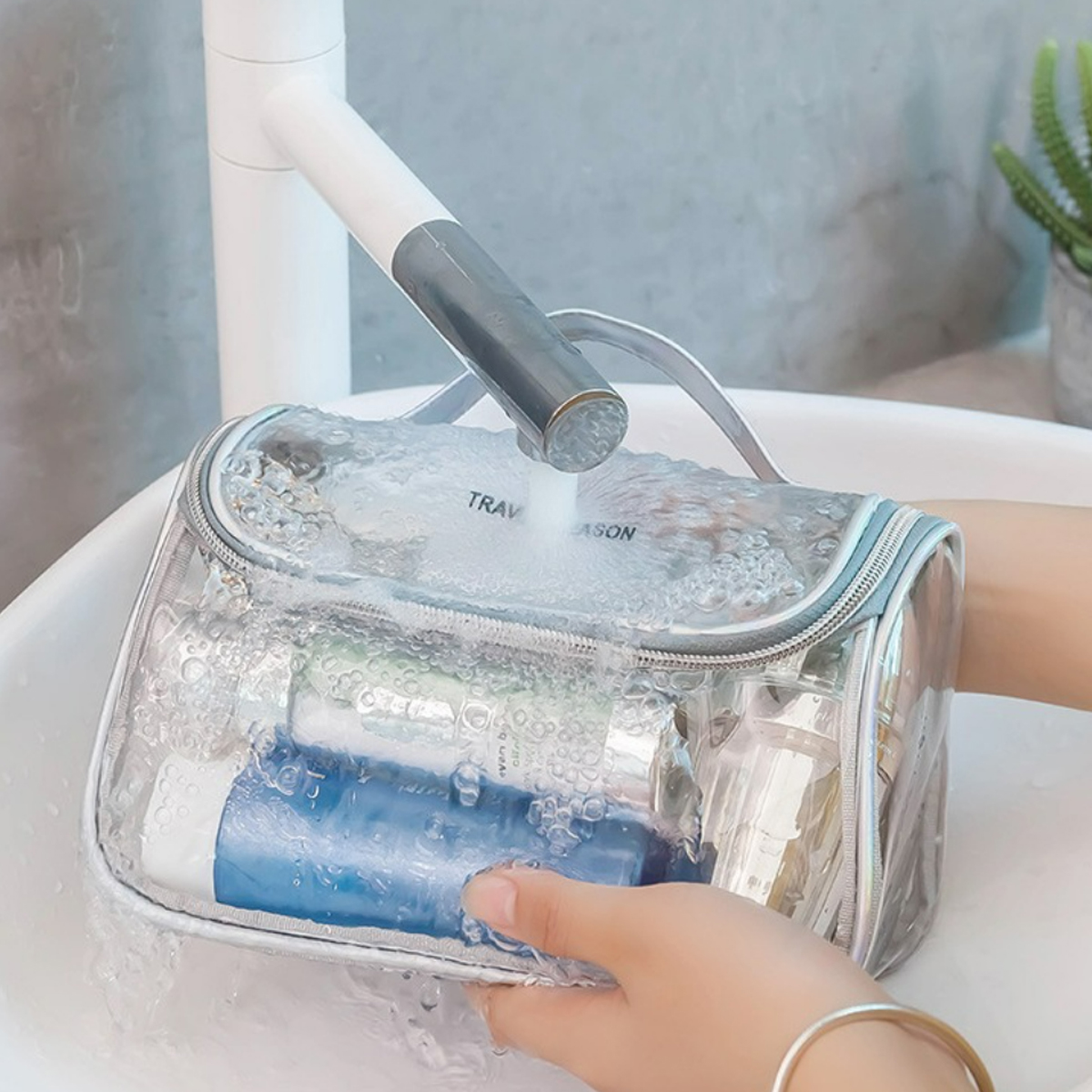 Clear PVC Toiletry Bag with Handle and Holographic Trim 3