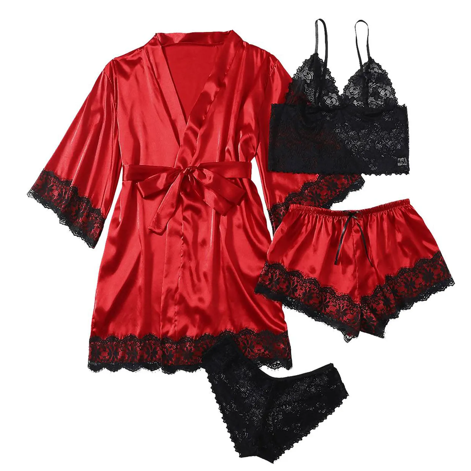 4-Piece Women Silk Soft Lace Satin Pajama Set 4