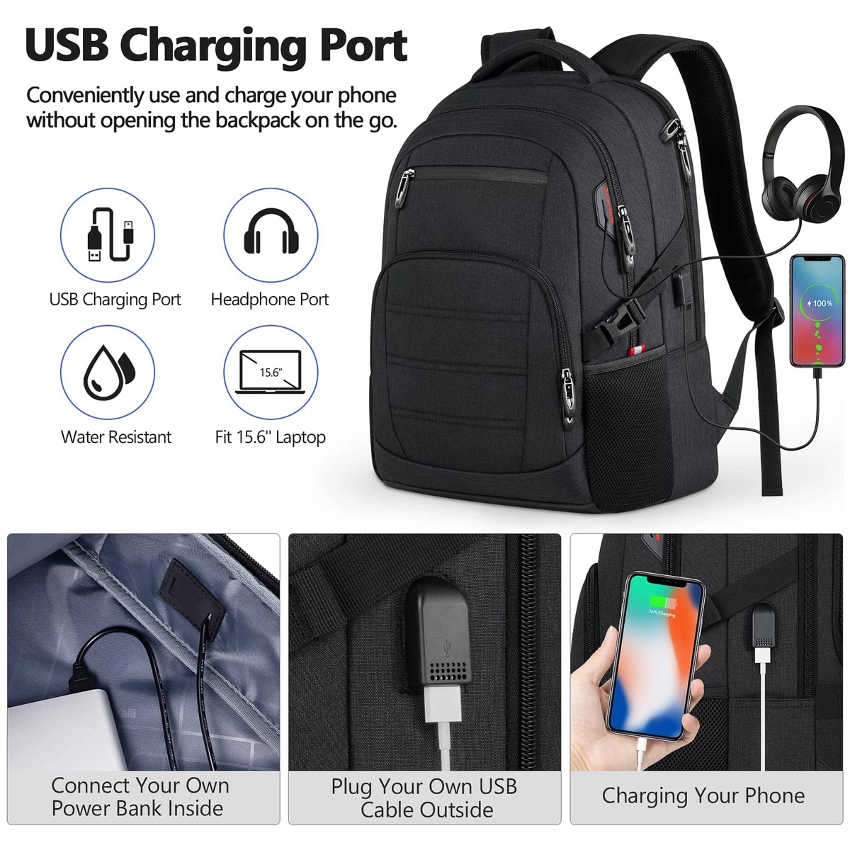 Travel Waterproof Laptop Backpack with USB Charging Port 13