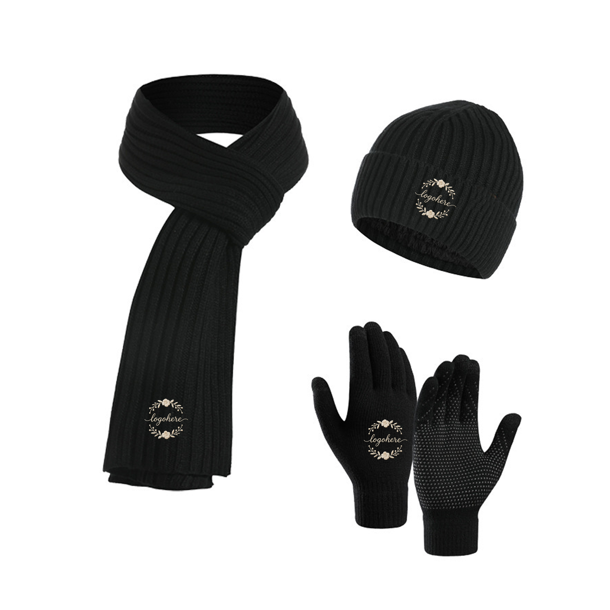 MOQ 10 Thermal Retaining Winter Set Beanie Scarf Touchscreen Gloves 2