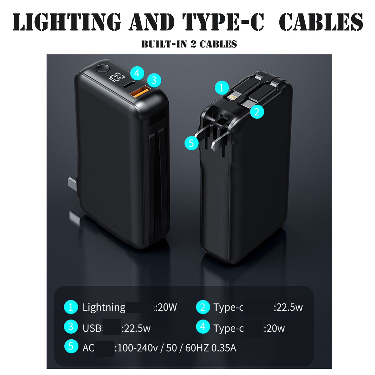 10000mAh Portable Charger with Wall Plug and Built-in Cables 1