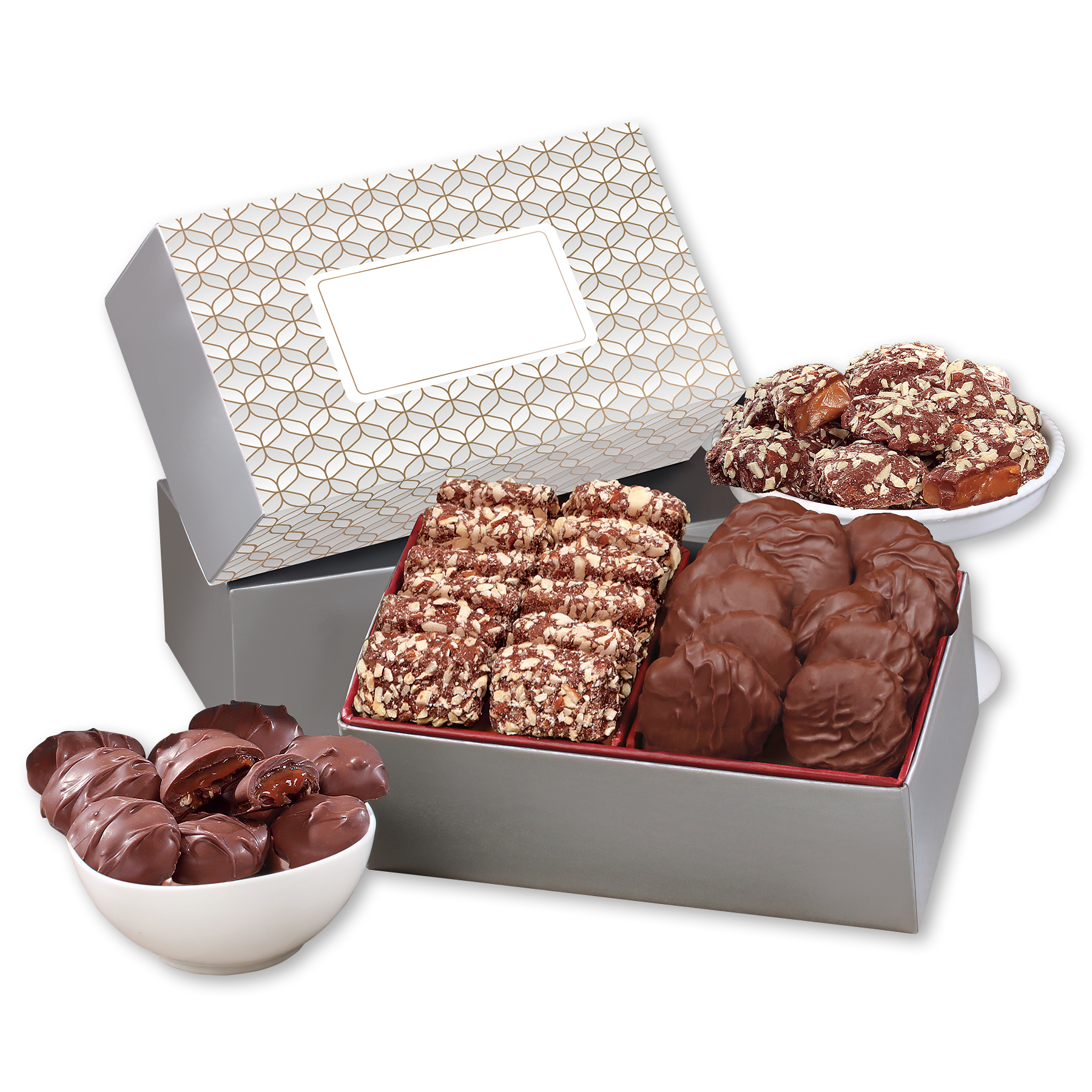Toffee & Pecan Clusters in Gift Box with Silver & Gold Geometric Sleeve 3