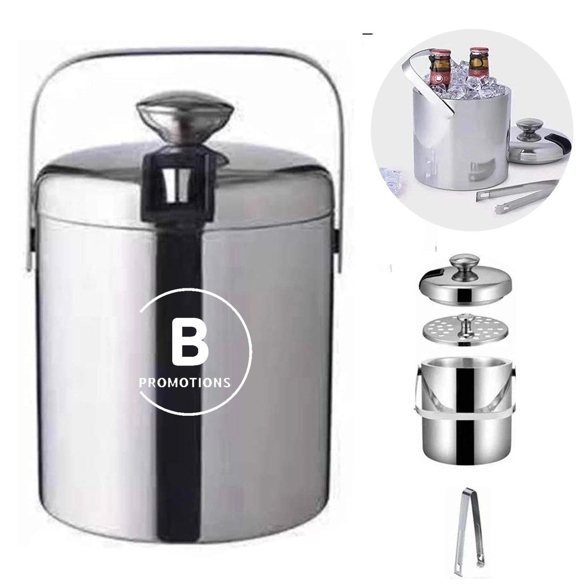 1.3L Stainless Steel Ice Bucket With Lid And Tongs 3
