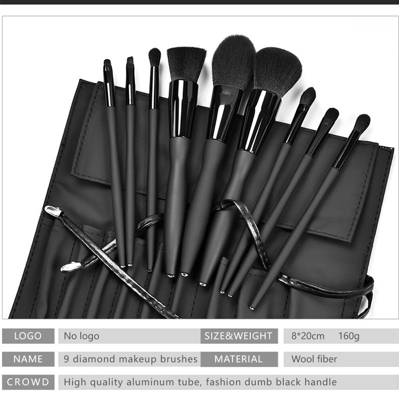 9pcs Diamond Black Makeup Brushes Set w/Bind PU Bag 13