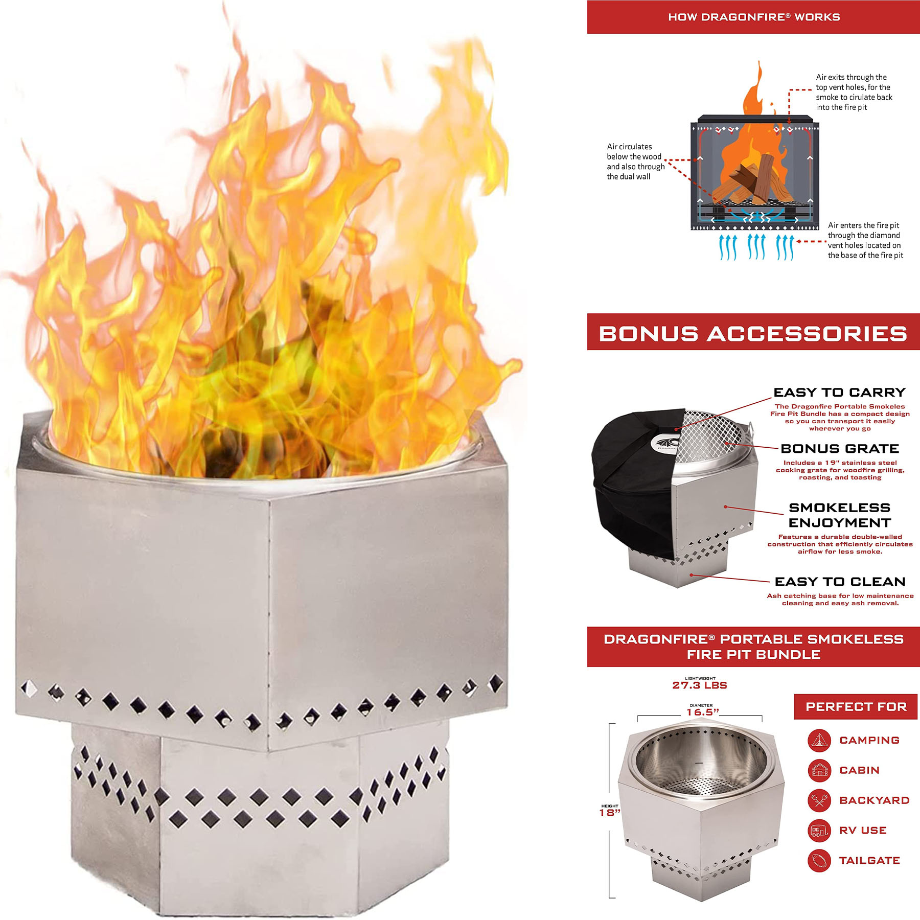 Portable Smokeless Firepit  for Wood Logs or Pellets 2