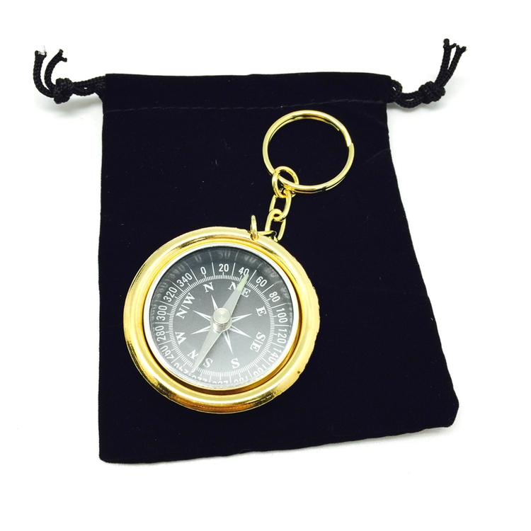 vintage Brass Compass Keychain in velveteen pouch 2