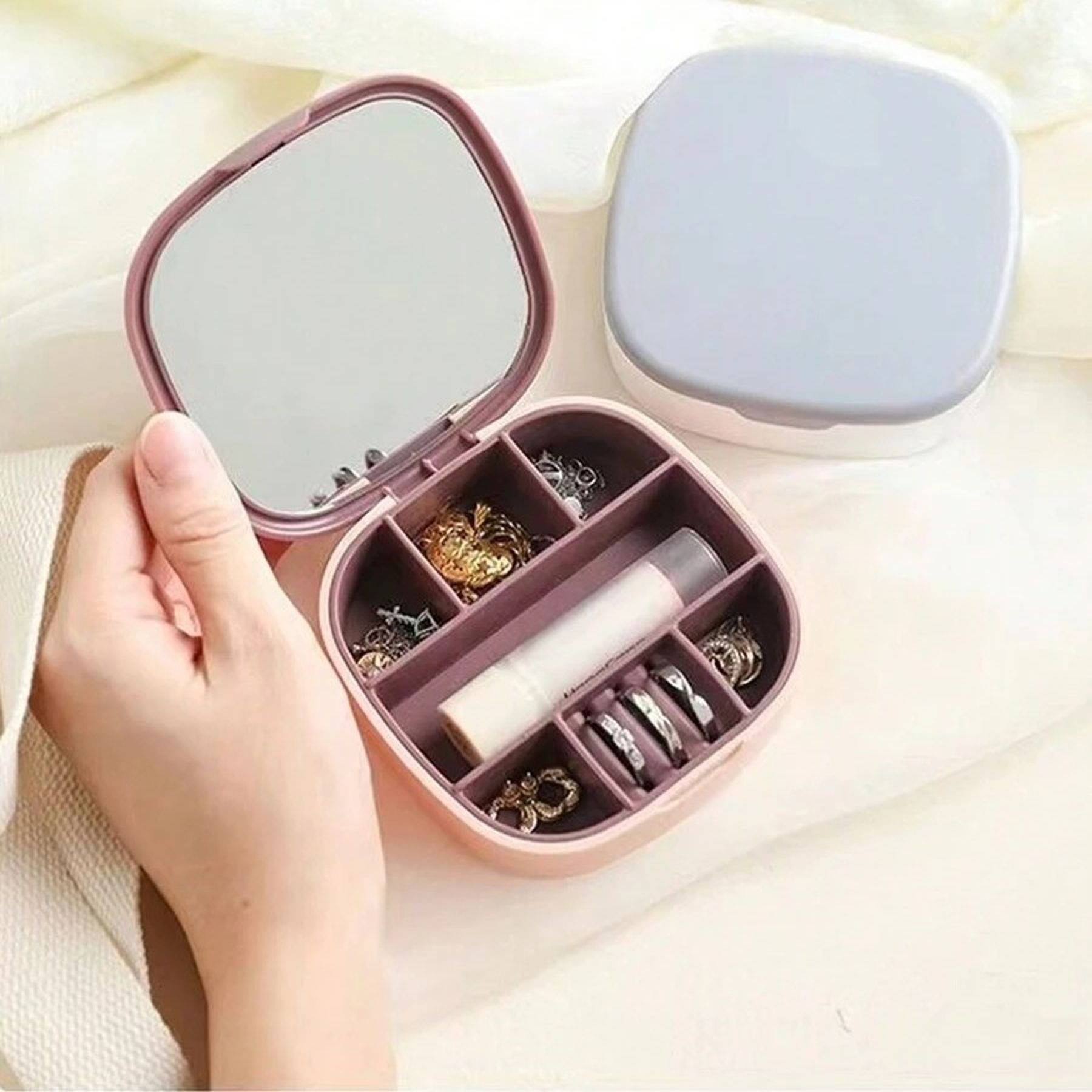 Mini Travel Jewelry Box Rings Earrings Organizer With Mirror 10