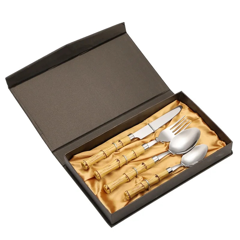 4 Piece Bamboo Stainless Steel Cutlery Gold Flatware Sets 8