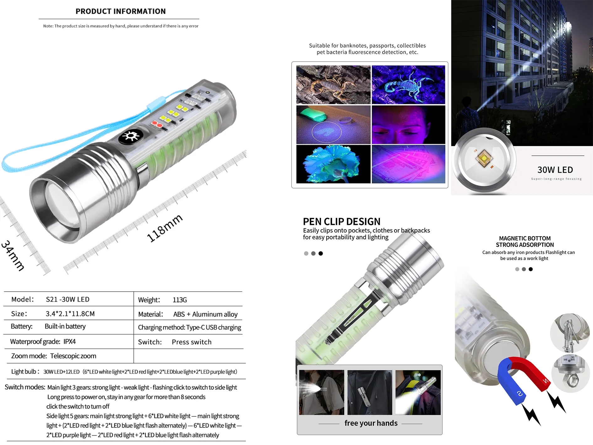 30W Mini Portable Aluminum Alloy Flashlight 2